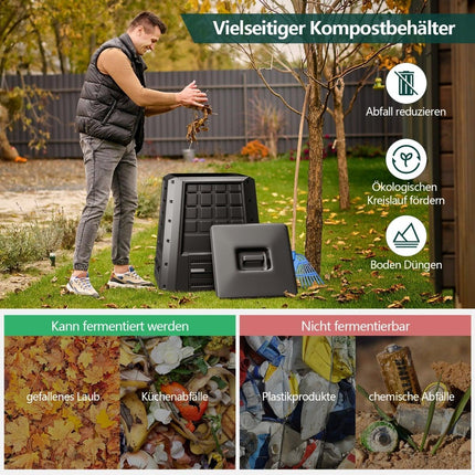 Dārza komposta tvertne 380 l - melna, izturīga PP ar vāku