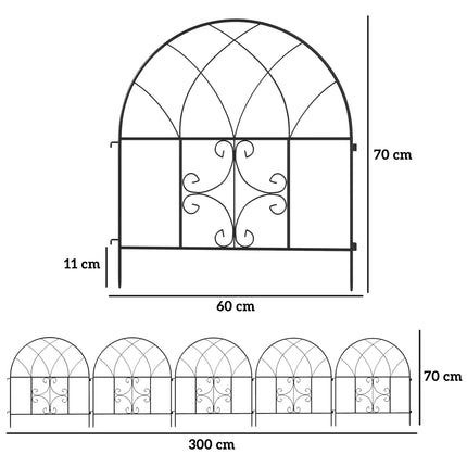 Decorative steel garden fence, 300x70 cm, black mesh