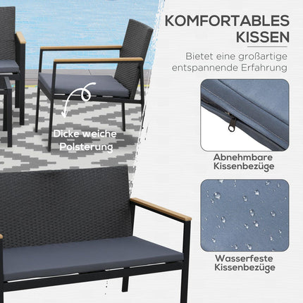 Dārza mēbeļu komplekts 4 personām, sēdvietu komplekts, 3 dīvāni, kafijas galdiņš, ar sēdekļa spilveniem, plastmasas rotangpalma, melns