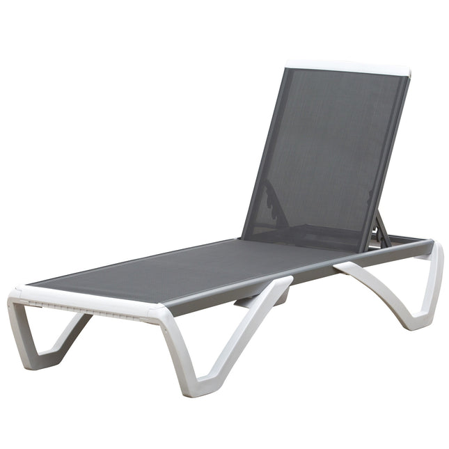 Dārza atpūtas krēsls, alumīnija sauļošanās krēsls, auduma atpūtas krēsls, 5 virzienos regulējams, ergonomisks, teksta līnija, pelēks + balts, 170 x 67,5 x 95 cm