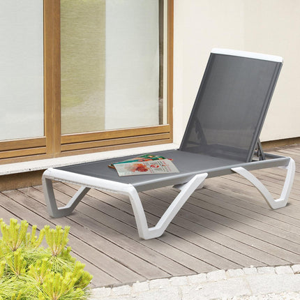 Dārza atpūtas krēsls, alumīnija sauļošanās krēsls, auduma atpūtas krēsls, 5 virzienos regulējams, ergonomisks, teksta līnija, pelēks + balts, 170 x 67,5 x 95 cm