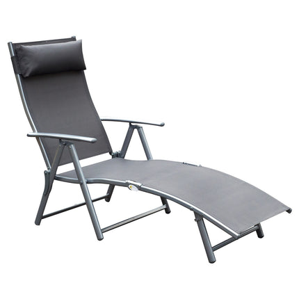 Dārza atpūtas krēsls, saliekams, regulējams, ar spilvenu, dārza pelēks metāls + pelēks audums, 137 x 63,5 x 100,5 cm