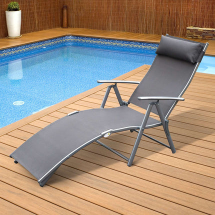 Dārza atpūtas krēsls, saliekams, regulējams, ar spilvenu, dārza pelēks metāls + pelēks audums, 137 x 63,5 x 100,5 cm