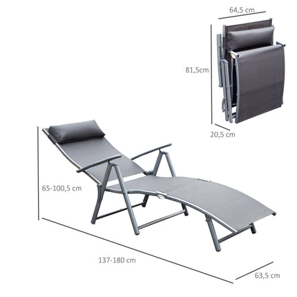 Dārza atpūtas krēsls, saliekams, regulējams, ar spilvenu, dārza pelēks metāls + pelēks audums, 137 x 63,5 x 100,5 cm