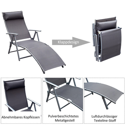 Dārza atpūtas krēsls, saliekams, regulējams, ar spilvenu, dārza pelēks metāls + pelēks audums, 137 x 63,5 x 100,5 cm
