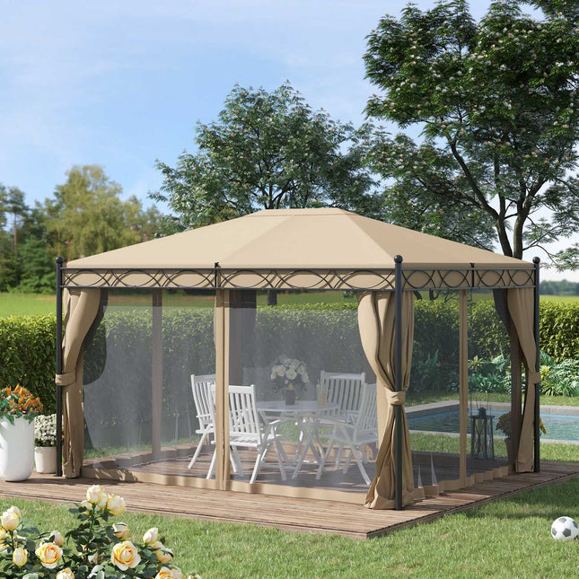 Dārza paviljons Eleganta dārza telts 3x4m ar sānu sienām, moskītu tīklu, metālu un poliesteru bēšā krāsā