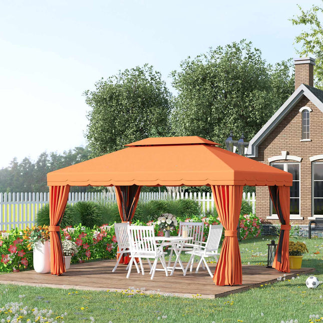 Dārza paviljons, dārza telts, ballīšu telts ar 4 sānu sienām, laikapstākļu izturīga alumīnija, poliestera, oranža, 3,9 x 2,9 x 2,7 m