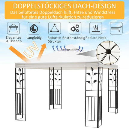 Dārza paviljons, lapu dizains, 2,95x2,95 m, tērauda rāmis, dubults jumts, ballīšu telts, poliesters, krēmbalts