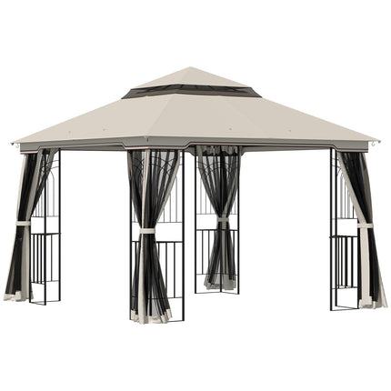 Dārza paviljons ar dubultu jumtu, dārza telts, ballīšu telts ar 4 sānu sienām, metāls + poliesters, bēšs, 2,99 x 2,99 x 2,74 m