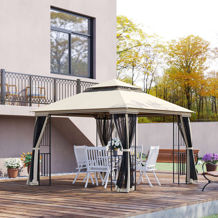 Dārza paviljons ar dubultu jumtu, dārza telts, ballīšu telts ar 4 sānu sienām, metāls + poliesters, bēšs, 2,99 x 2,99 x 2,74 m