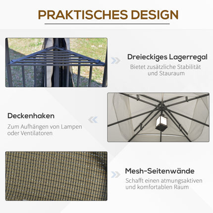 Dārza paviljons ar dubultu jumtu, dārza telts, ballīšu telts ar 4 sānu sienām, metāls + poliesters, bēšs, 2,99 x 2,99 x 2,74 m