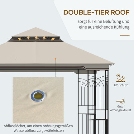 Dārza paviljons ar dubultu jumtu, dārza telts, ballīšu telts ar 4 sānu sienām, metāls + poliesters, bēšs, 2,99 x 2,99 x 2,74 m