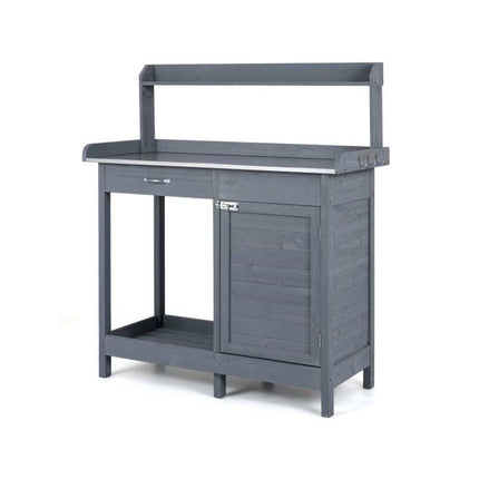Garden Potting Bench with Stainless Steel Top, Lockable Cabinet, Grey