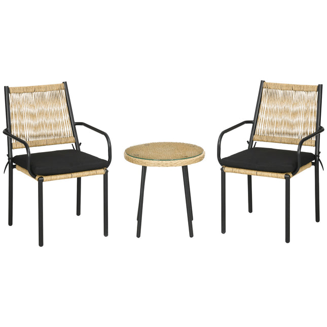 2-person garden set with rattan look, round table, sand cushions