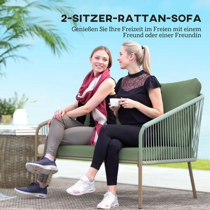 Dārza dīvāns ar spilveniem, divvietīgs rotanga dīvāns, atpūtas dīvāns, āra balkona dīvāns, rotanga dīvāns, dārza atpūtas telpa, polirotanga dārza mēbeles, balkona mēbeles, 112 x 72 x 76 cm, zaļa |