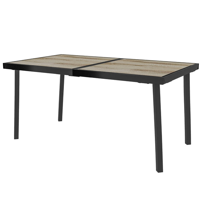 Dārza galds, balkona galds, 145 x 85 cm terases galds 6 personām ar koka izskatu, ēdamgalds dārzam, tērauda rāmis, pelēks