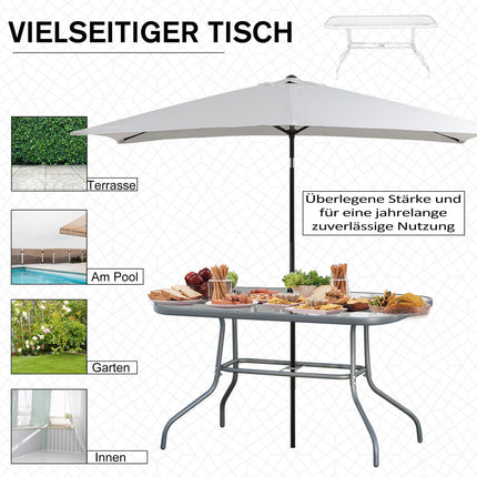Dārza galds, bistro galds, balkona galds, dārza sānu galdiņš, dārza mēbeles ar stikla virsmu, lietussarga caurumu, rūdīts stikls + metāls, oglekļa pelēks, 120 x 80 x 70 cm