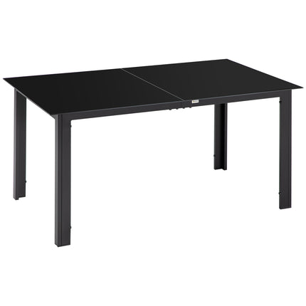Dārza galds, dārza ēdamgalds 6 personām, terases galds ar stikla galda virsmu, ballīšu galds no alumīnija, balkona galds, melns, 150 x 90 x 74 cm