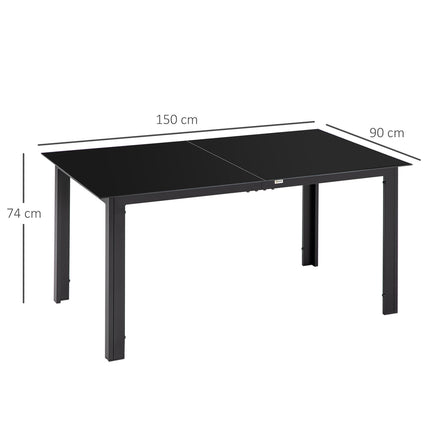 Dārza galds, dārza ēdamgalds 6 personām, terases galds ar stikla galda virsmu, ballīšu galds no alumīnija, balkona galds, melns, 150 x 90 x 74 cm