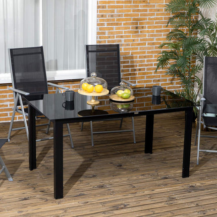 Dārza galds, dārza ēdamgalds 6 personām, terases galds ar stikla galda virsmu, ballīšu galds no alumīnija, balkona galds, melns, 150 x 90 x 74 cm