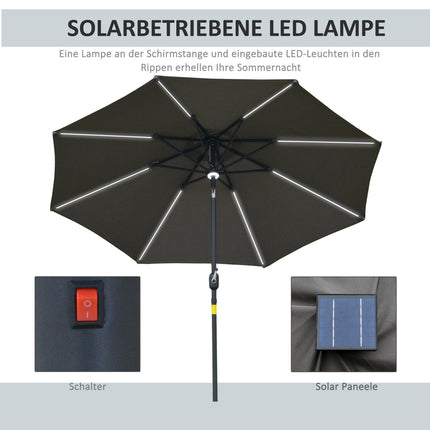 Dārza saulessargs ar saules apgaismojumu, LED, tērauds, alumīnijs, poliesters, tumši pelēks, Ø270x245Hcm