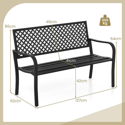 Dārza sols, metāla, laikapstākļiem izturīgs sols 2-3 sēdvietu parka solam ar atzveltni un roku balstu, 127 x 62 x 86 cm, melns