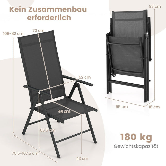 Dārza krēsli ar 7 virzienos regulējamu atzveltni, saliekamie krēsli, kravnesība līdz 180 kg, melni, 1 gab.