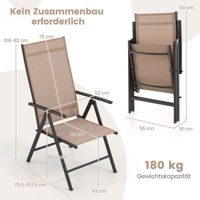 Dārza krēsli ar 7 virzienos regulējamu atzveltni, saliekamie krēsli, kravnesība līdz 180 kg, brūni, 1 gab.