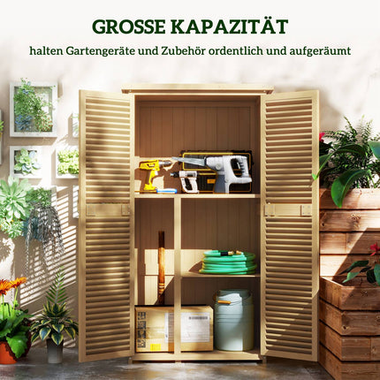Dārza skapja koka instrumentu šķūnis instrumentu šķūnis ar asfalta jumtu, redeļu durvīm, instrumentu skapja šķūnis, dārzs, 4 nodalījumi, gaiši dzeltens, 87 x 46,5 x 160 cm