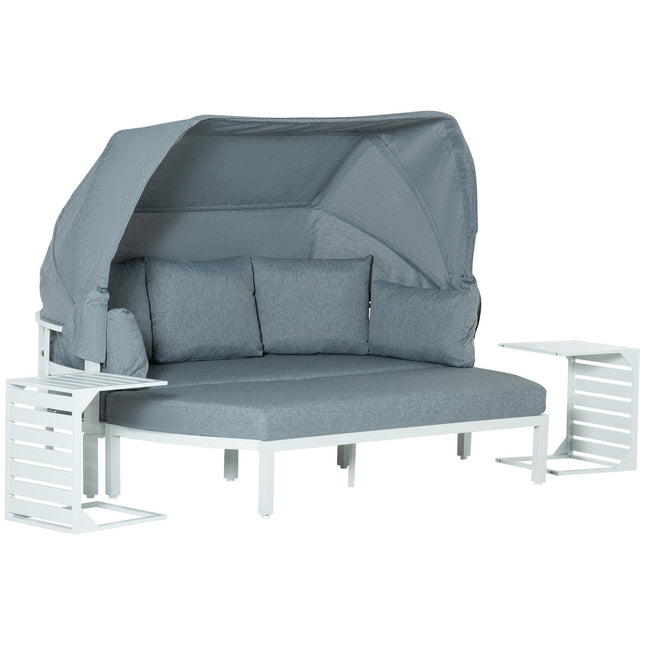 Dārza mēbeļu komplekts 5 personām ar sānu galdiņu un jumtu, spilveni izgatavoti no PP plastmasas un poliestera, 190/133P x 81D x 73/62A cm, balts un pelēks |