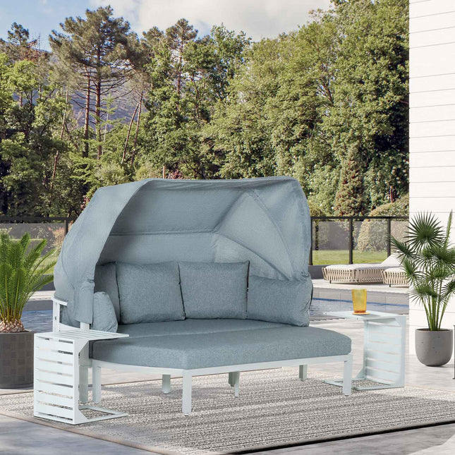 Dārza mēbeļu komplekts 5 personām ar sānu galdiņu un jumtu, spilveni izgatavoti no PP plastmasas un poliestera, 190/133P x 81D x 73/62A cm, balts un pelēks |