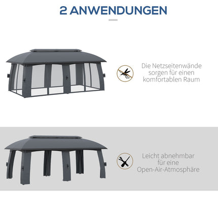 Dārza paviljons 3 x 6 m ballīšu telts ar dubultu jumtu un sānu sienām, tīkliem pret mušām līdz 15 cilvēkiem, cinkots metāls, tumši pelēka