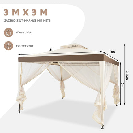 Dārza paviljona dārza telts kempinga ballīšu telts ar 4 sānu sienām 300 x 300 x 265 cm bēšā krāsā
