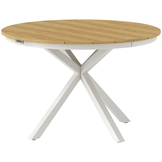 Dārza galds Ø118cm, laikapstākļiem izturīgs balkona galds no alumīnija, sānu galds ar krusteniskām kājām, redeļu dizaina āra ēdamgalds, kempinga galds, apaļš terases galds dārza balkonam no tīkkoka |