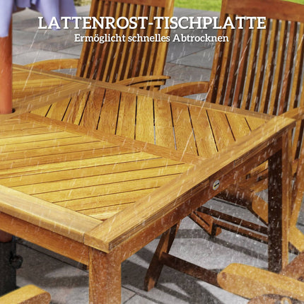 Dārza galds 150x85cm, laikapstākļiem izturīgs balkona galds no koka, 6 personām ar lietussarga caurumu, dabīgā koka līstes dizains
