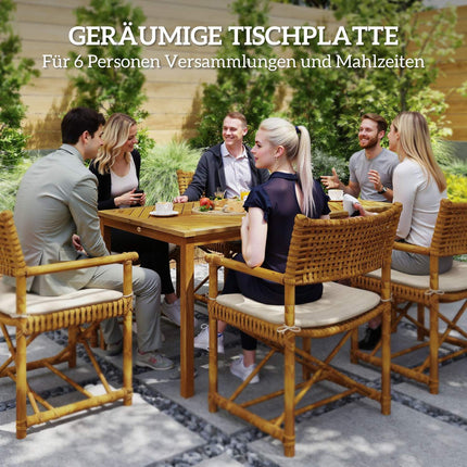 Dārza galds 150x85cm, laikapstākļiem izturīgs balkona galds no koka, 6 personām ar lietussarga caurumu, dabīgā koka līstes dizains