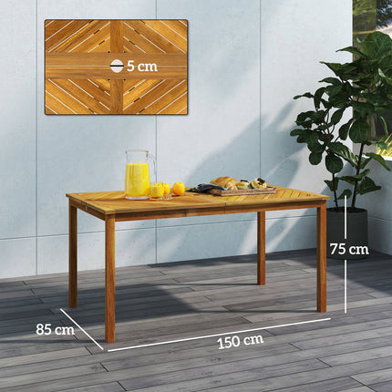 Dārza galds 150x85cm, laikapstākļiem izturīgs balkona galds no koka, 6 personām ar lietussarga caurumu, dabīgā koka līstes dizains