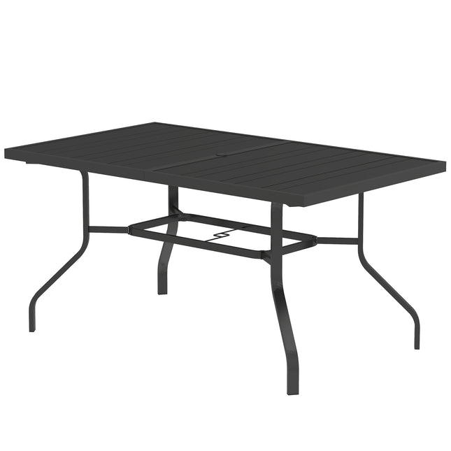 Dārza galds 152x90 cm, laikapstākļiem izturīgs balkona galds no tērauda, sānu galds ar lietussarga caurumu, āra pusdienu galds ar redeļu dizainu, kempinga galds, taisnstūrveida terases galds dārza balkonam, melns |