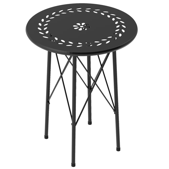 Dārza galds Ø40 x 50cm, laikapstākļiem izturīgs balkona galds no tērauda, sānu galds ar ziedu dizaina aizsargkājām, apaļš āra pusdienu galds, kempinga galds, terases galds dārzam, terasei, balkonam, melns
