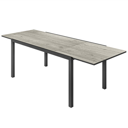 Dārza galda pagarināms ēdamgalds 6-8 cilvēkiem, 160/240 x 90 cm alumīnija balkona galds ar koka izskatu, laikapstākļiem izturīgs terases galds, āra bufetes galds dārzam, terasei, balkonam, pelēks