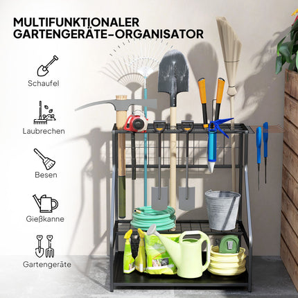 Dārza instrumentu organizators 3 līmeņu dārza instrumentu statīvs ar āķiem dārza instrumentu statīvs līdz 20 instrumentiem instrumentu turētājs daudzfunkcionāls slotas turētājs garāžai, šķūnim, āra apstākļiem 84x53x73cm oranžs