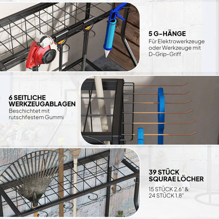 Dārza instrumentu organizators 3 līmeņu dārza instrumentu statīvs ar āķiem dārza instrumentu statīvs līdz 20 instrumentiem instrumentu turētājs daudzfunkcionāls slotas turētājs garāžai, šķūnim, āra apstākļiem 84x53x73cm oranžs