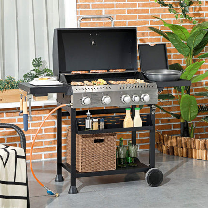 Gāzes grils 2,5 kW grila ratiņi ar 4+1 degļiem, termometru, grila ratiņiem, sānu plauktu, āķi, plauktu, kempinga grilu, melnu