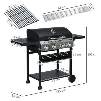 Gāzes grils 2,5 kW grila ratiņi ar 4+1 degļiem, termometru, grila ratiņiem, sānu plauktu, āķi, plauktu, kempinga grilu, melnu