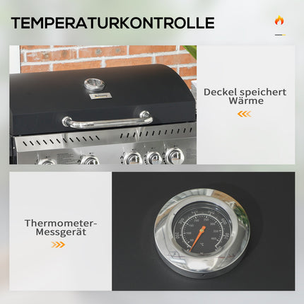 Gāzes grils 2,5 kW grila ratiņi ar 4+1 degļiem, termometru, grila ratiņiem, sānu plauktu, āķi, plauktu, kempinga grilu, melnu