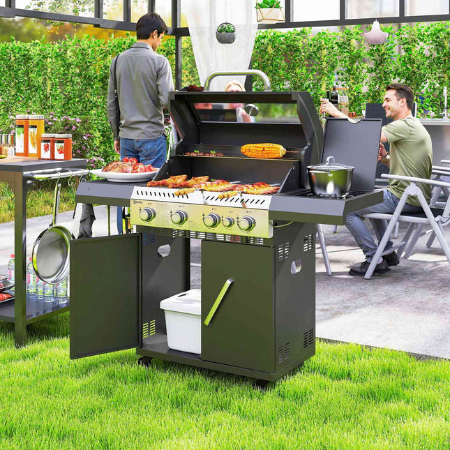 Gas grill cart - 5 burners, thermometer, side shelves
