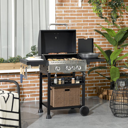 Gāzes grils 3 KW 3 + 1 deglis BBQ grila ratiņi no nerūsējošā tērauda, ieskaitot sānu degli, termometru, grila režģi, plīts virsmu, pudeļu attaisāmo, sānu plauktus, gāzes grilu balkonam, kempingam 123 x 52 x 101 cm |