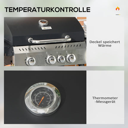 Gāzes grils 3 KW 3 + 1 deglis BBQ grila ratiņi no nerūsējošā tērauda, ieskaitot sānu degli, termometru, grila režģi, plīts virsmu, pudeļu attaisāmo, sānu plauktus, gāzes grilu balkonam, kempingam 123 x 52 x 101 cm |