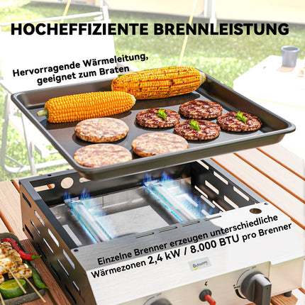 Gāzes grils 8000BTU/2,4 KW grila ratiņi, ieskaitot 2 nerūsējošā tērauda degļus, spiediena reduktoru, gāzes šļūteni, regulējamas kājas, sildvirsmu, BBQ dārza grilu balkonam, kempinga grilu 44 x 44,5 x 19 cm