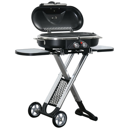 Gāzes grila BBQ grila ratiņi, salokāmi, ar 2 degļiem un grila tīklu, nerūsējošā tērauda, melni sudrabkrāsas, sānu plaukts ar riteņiem, 2,34 kW, 100x41,6x82,5cm
